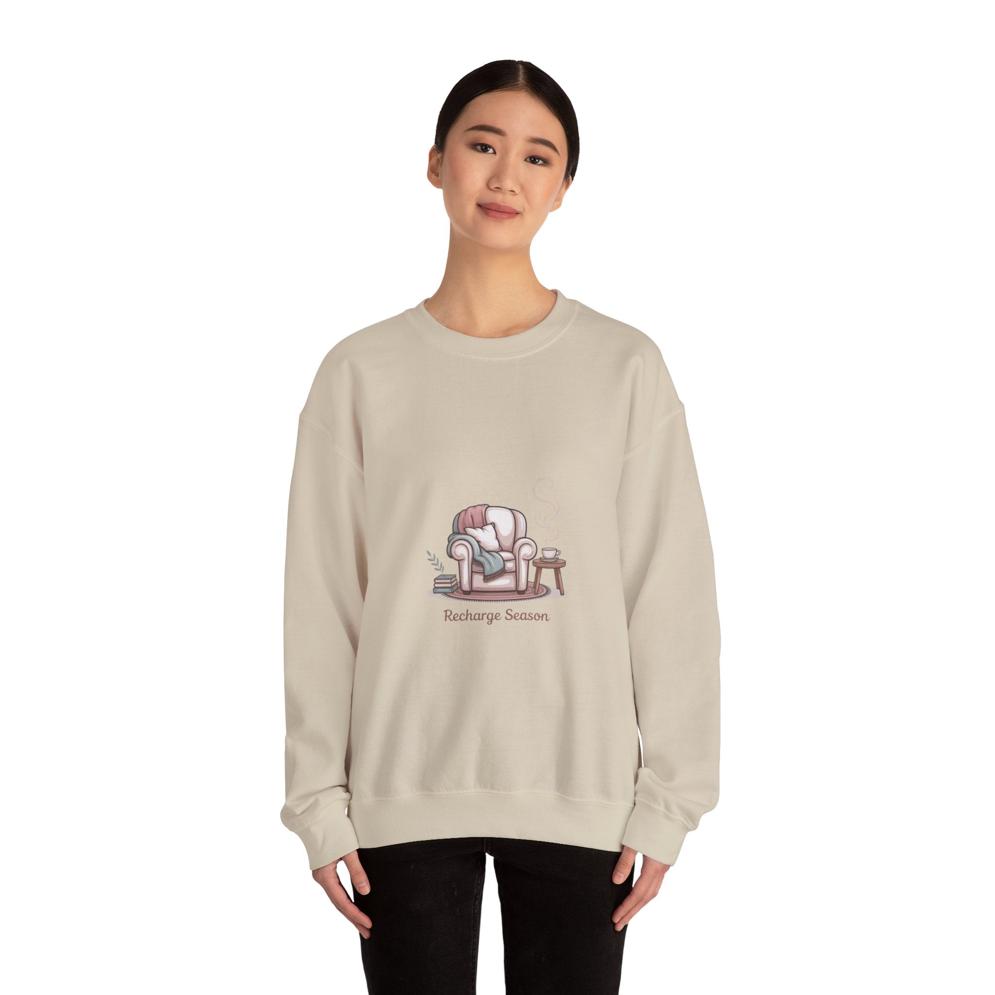 Crewneck Sweatshirt — "Recharge Season" Cozy Armchair Illustration