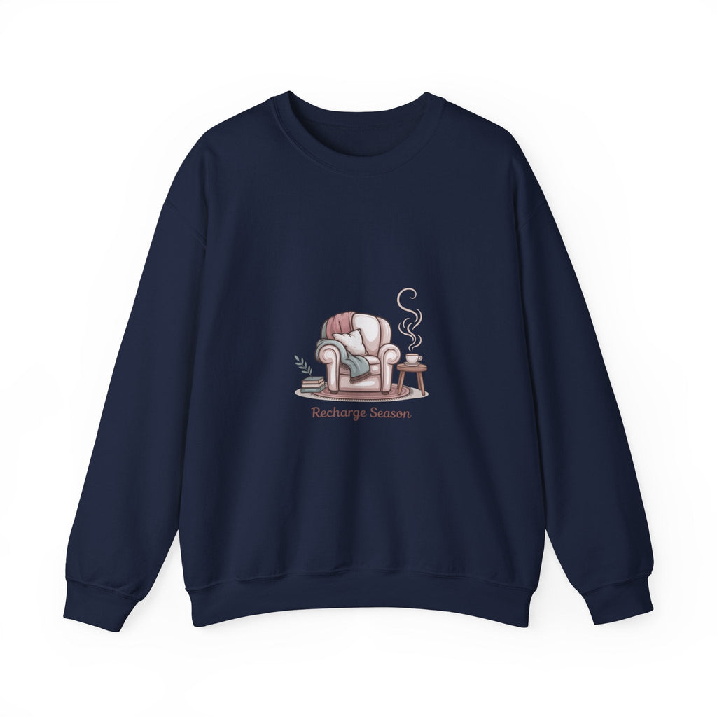 Crewneck Sweatshirt — "Recharge Season" Cozy Armchair Illustration