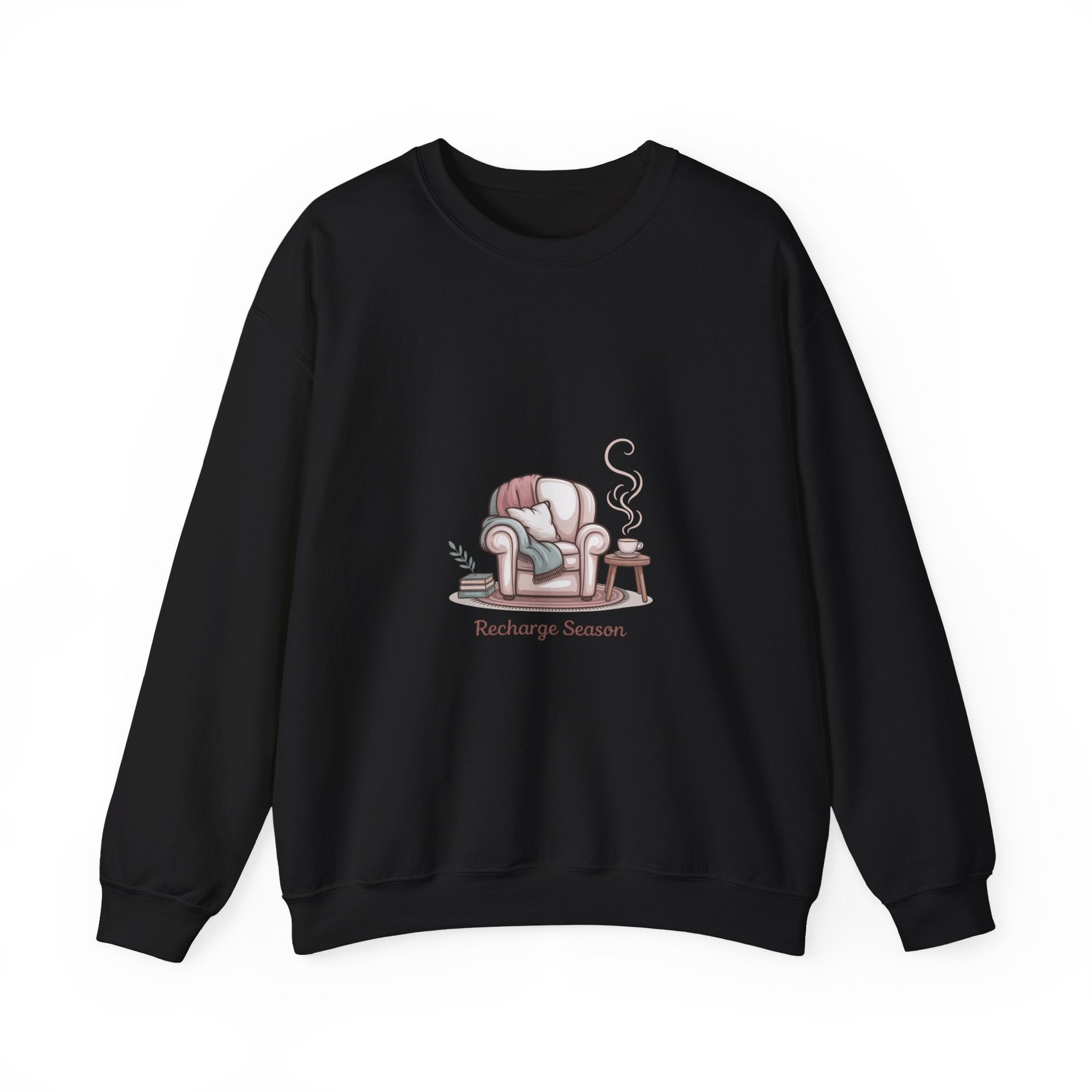 Crewneck Sweatshirt — "Recharge Season" Cozy Armchair Illustration