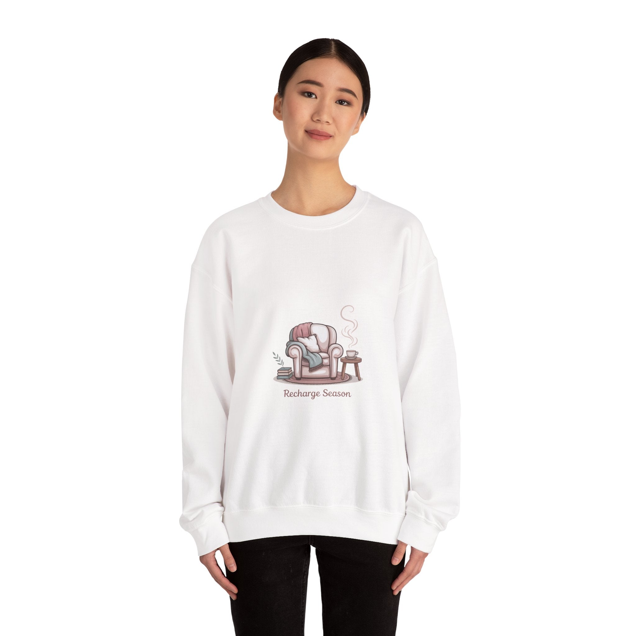 Crewneck Sweatshirt — "Recharge Season" Cozy Armchair Illustration